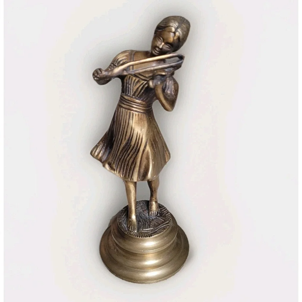 Vintage Brass Violinist Statue Mid-Century Modern Stylized Musician Figurine